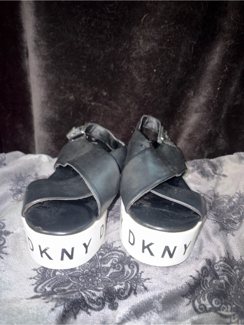 DKNY Black Crisscross Platform Sandals with White Logo Platforms